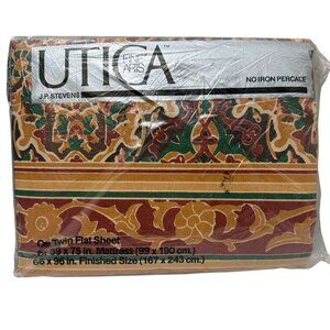 UTICA Cacharel Twin Flat Sheet New Vintage 1970s Brown Shawl Pattern Percale